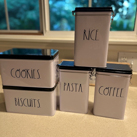 Rae Dunn White Tin Canisters 5 piece black & white - Picture 1 of 13
